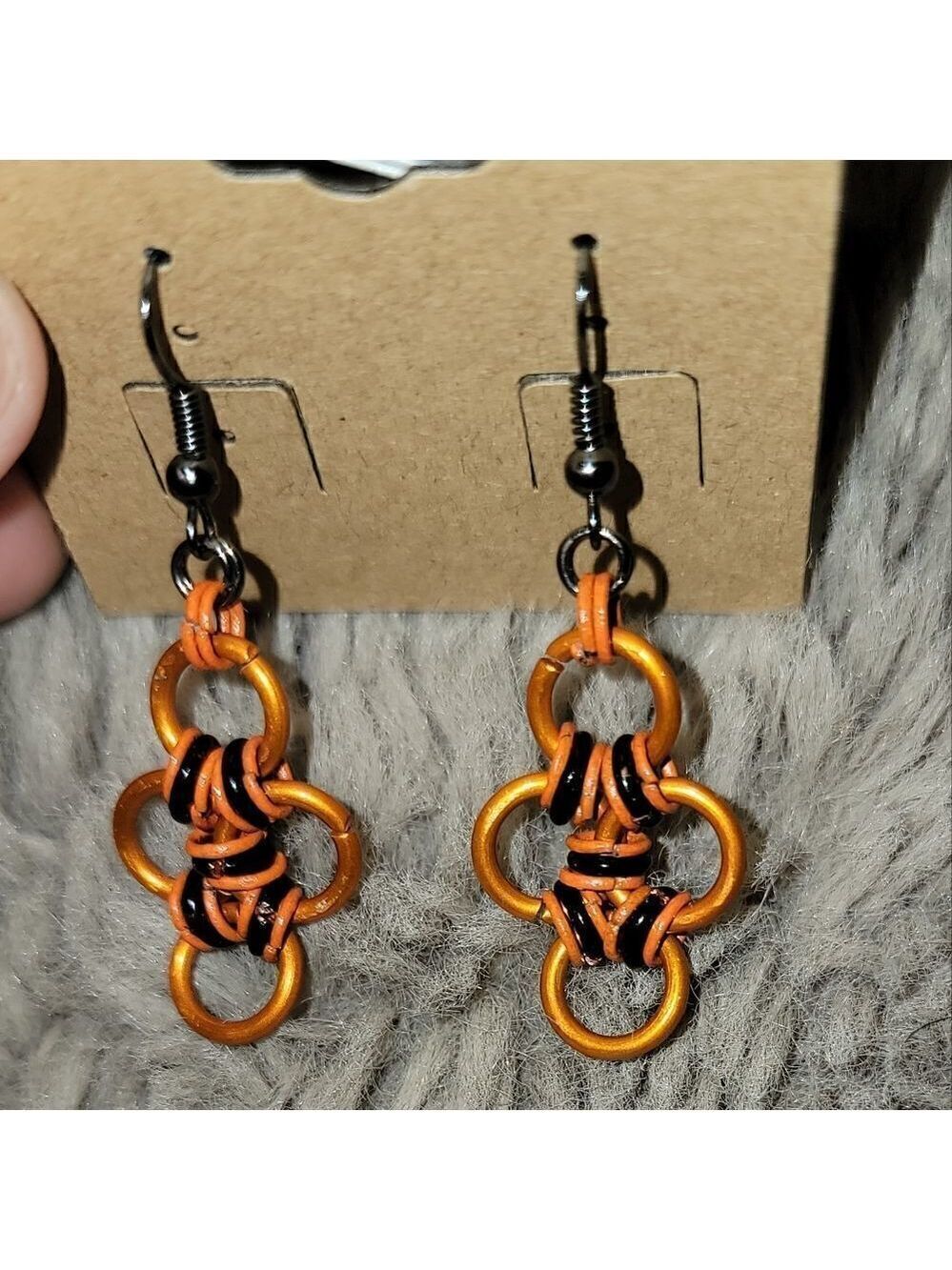 Chainmail Cross Dangle Earrings Orange Black Aluminum #E161